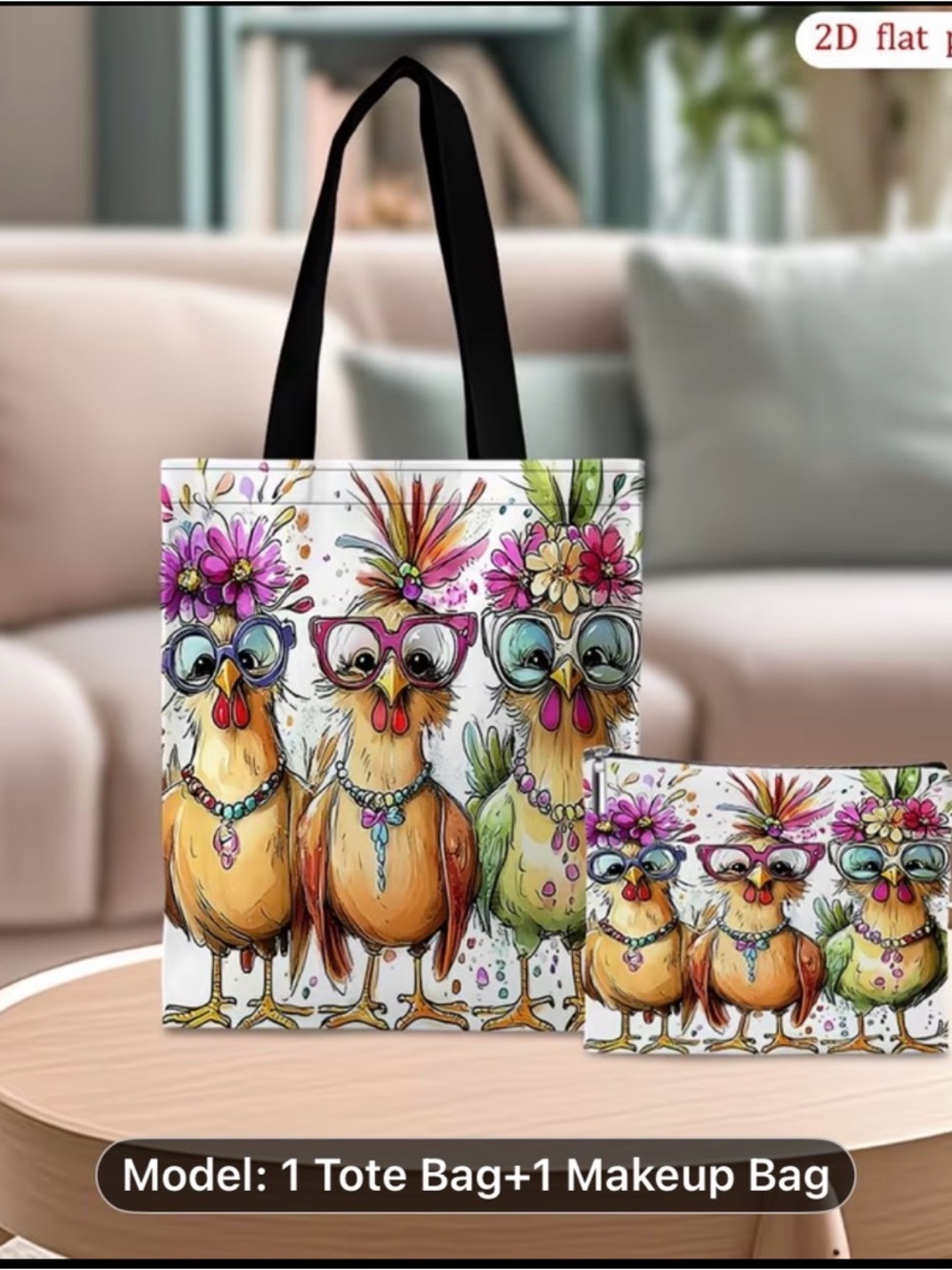 Chic Cartoon Chicken Tote Bag & Makeup Pouch - Floral Glasses Design (White)